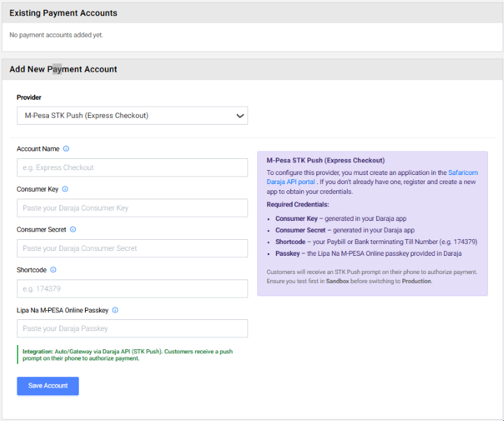 M-Pesa STK Push setup form